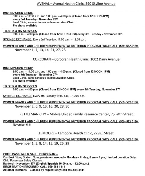 Kings County Health Department announces December schedules. Flu shots available